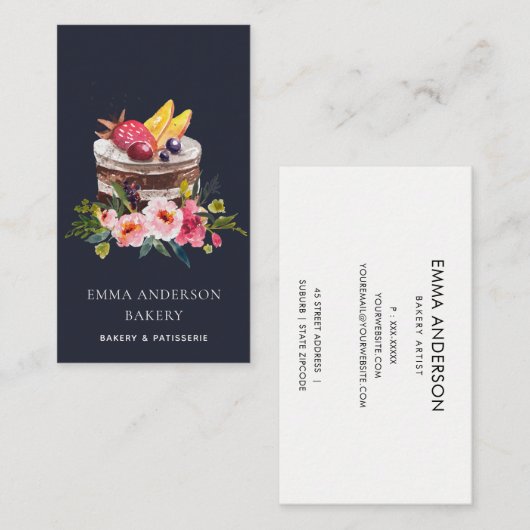 NAVY FRUIT FLORAL CAKE PATISSERIE CUPCAKE BAKERY VISITEKAARTJE (Voorkant / Achterkant)