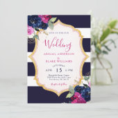 Navy & Fuchsia Floral Wedding Kaart (Staand voorkant)