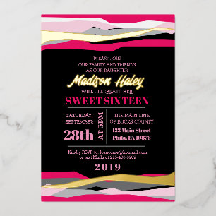 Navy Fuchsia Sweet Sixteen 16 Invitation Roos Gold Folie Uitnodiging