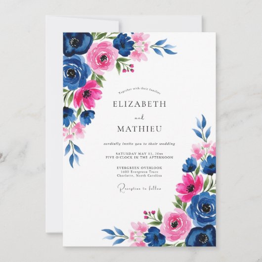 Navy Fuchsia Watercolor Romantic Wedding Kaart (Voorkant)