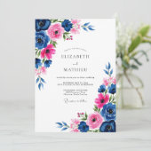 Navy Fuchsia Watercolor Romantic Wedding Kaart (Staand voorkant)