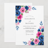 Navy Fuchsia Watercolor Romantic Wedding Kaart (Voorkant / Achterkant)