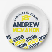 Navy, geel & wit gepersonaliseerd Afstuderen Papieren Bordje (Voorkant)