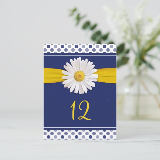 Navy, Geel, Witte Polka Dot Daisy Tafel Kaarten (Staand voorkant)