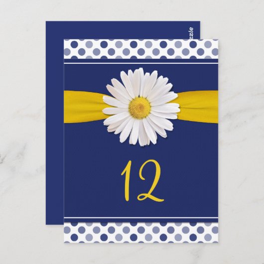 Navy, Geel, Witte Polka Dot Daisy Tafel Kaarten (Voorkant / Achterkant)