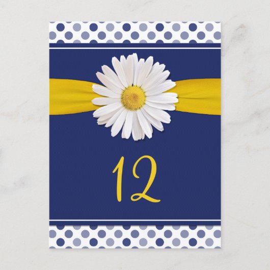 Navy, Geel, Witte Polka Dot Daisy Tafel Kaarten (Voorkant)