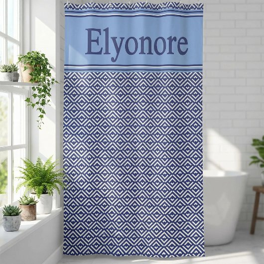 Navy Geometric Chevron Name Design Douchegordijn