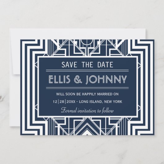 Navy Geometric Sla de datumkaarten op Save The Date (Voorkant)