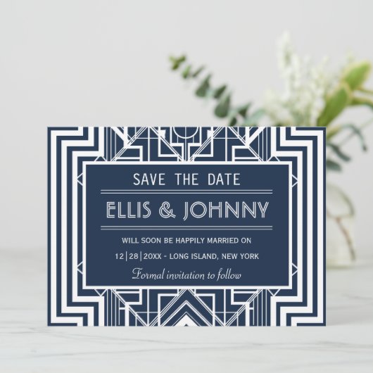 Navy Geometric Sla de datumkaarten op Save The Date (Staand voorkant)
