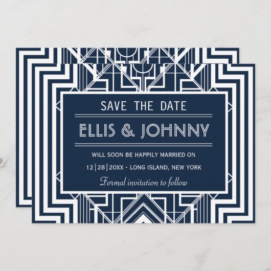 Navy Geometric Sla de datumkaarten op Save The Date (Voorkant / Achterkant)