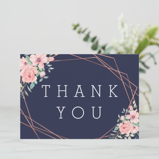 Navy Geometrisch Koper Bloemen Bruiloft Bedankkaart (Staand voorkant)