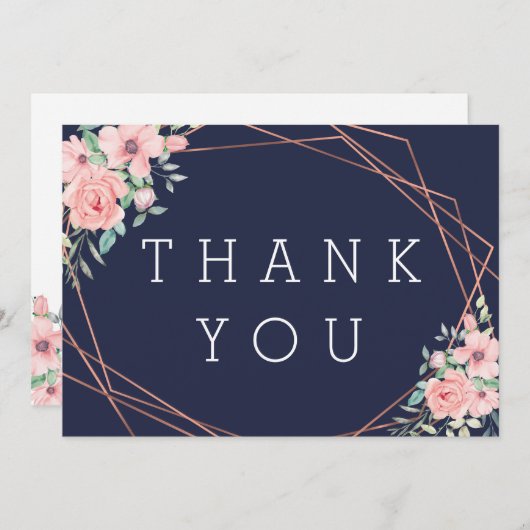 Navy Geometrisch Koper Bloemen Bruiloft Bedankkaart (Voorkant / Achterkant)
