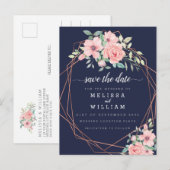 Navy Geometrisch Koper Bloemen Bruiloft Save the D Aankondigingskaart (Voorkant / Achterkant)