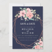 Navy Geometrisch Koper Bloemen Waterverf Bruiloft Save The Date (Voorkant)