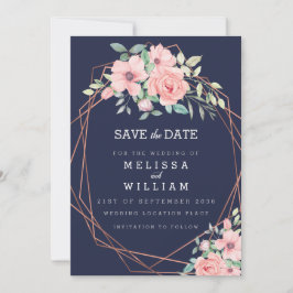 Navy Geometrisch Koper Bloemen Waterverf Bruiloft Save The Date