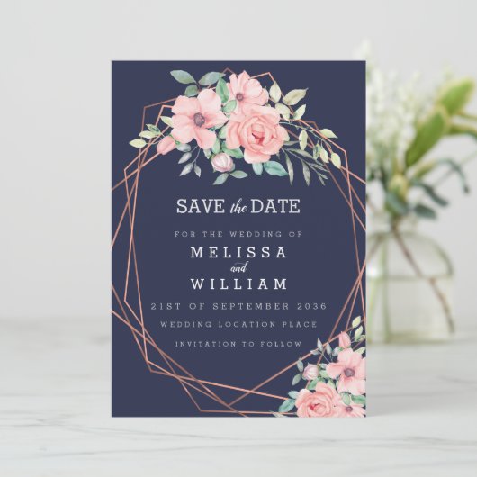 Navy Geometrisch Koper Bloemen Waterverf Bruiloft Save The Date (Staand voorkant)