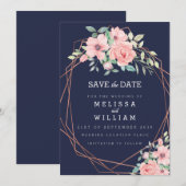Navy Geometrisch Koper Bloemen Waterverf Bruiloft Save The Date (Voorkant / Achterkant)