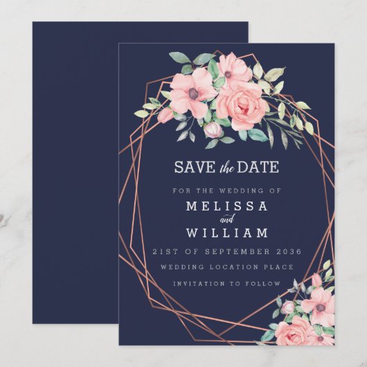 Navy Geometrisch Koper Bloemen Waterverf Bruiloft Save The Date (Voorkant / Achterkant)