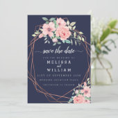 Navy Geometrisch Koper Waterverf Bloemenbruiloft Save The Date (Staand voorkant)