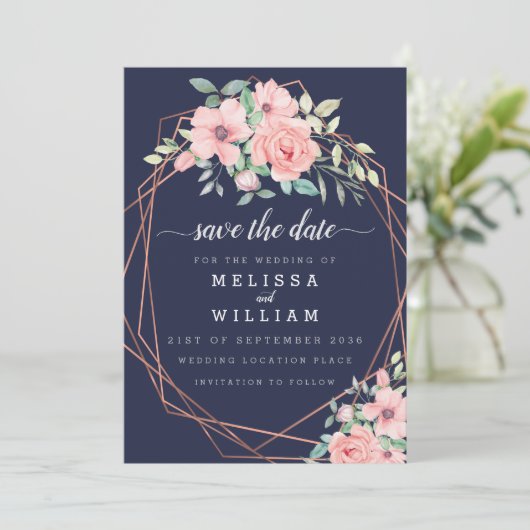 Navy Geometrisch Koper Waterverf Bloemenbruiloft Save The Date (Staand voorkant)