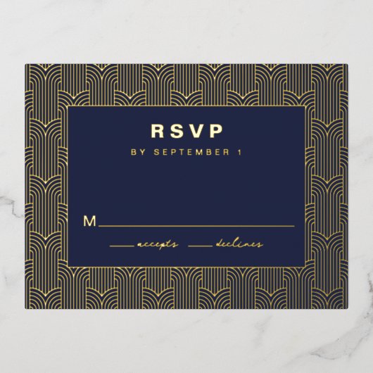 Navy Geometrische RSVP-kaart Folie Uitnodiging Briefkaart (Voorkant)