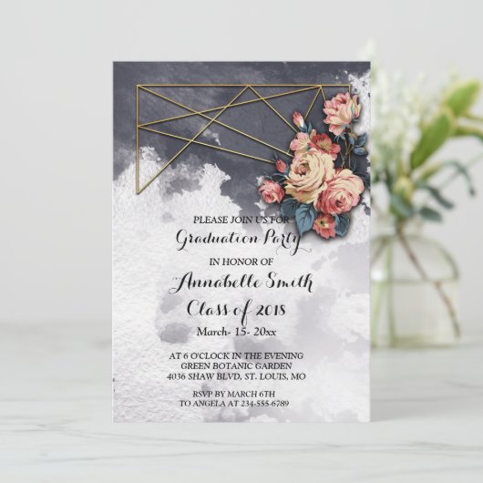 Navy GEOMETRISCHE WATERVERF Afstudeerfeest Kaart (Staand voorkant)