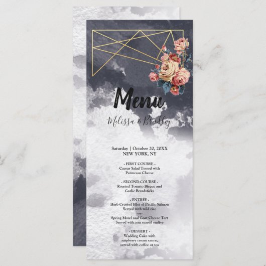 Navy GEOMETRISCHE WATERVERF Bruiloft Menu (Voorkant / Achterkant)