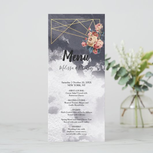 Navy GEOMETRISCHE WATERVERF Bruiloft Menu (Staand voorkant)
