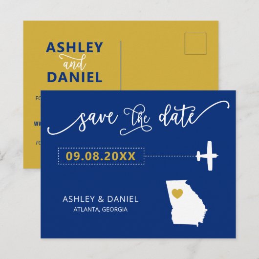 Navy Georgia Wedding Save the Date Map Briefkaart (Voorkant / Achterkant)