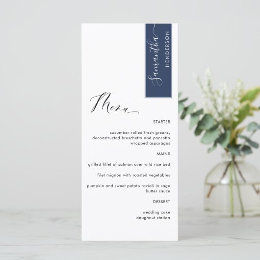 Navy, gepersonaliseerd met gastnaam Elegant Menu (Staand voorkant)