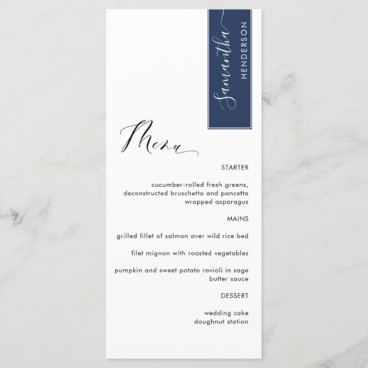 Navy, gepersonaliseerd met gastnaam Elegant Menu (Voorkant)