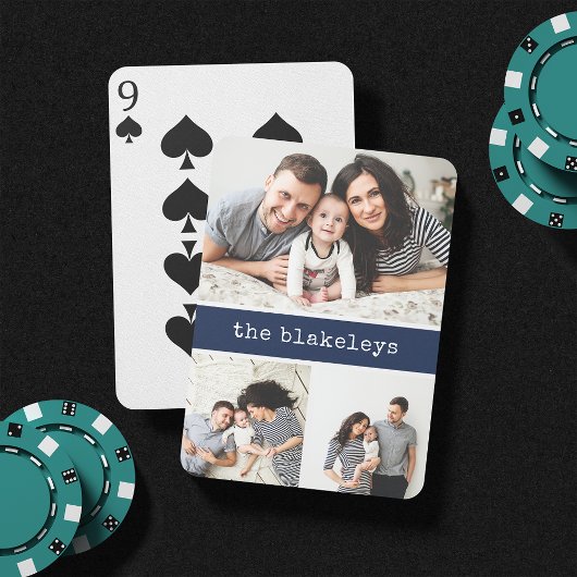 Navy | Gepersonaliseerde familienaam 3 Foto-collag Pokerkaarten