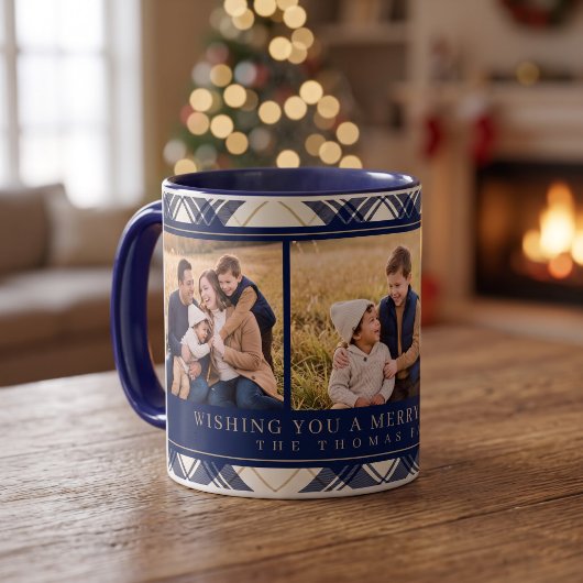 Navy Geruite Drie Foto Kerstmis Mok