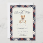 Navy geruite teddybeer babyshower kaart (Voorkant)