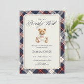 Navy geruite teddybeer babyshower kaart (Staand voorkant)