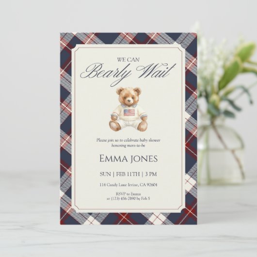 Navy geruite teddybeer babyshower kaart (Staand voorkant)