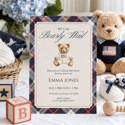 Navy geruite teddybeer babyshower kaart