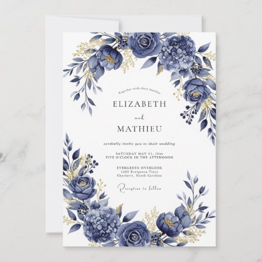 Navy Gilded Bloom Romance Wedding Kaart (Voorkant)