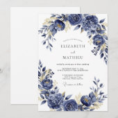 Navy Gilded Bloom Romance Wedding Kaart (Voorkant / Achterkant)