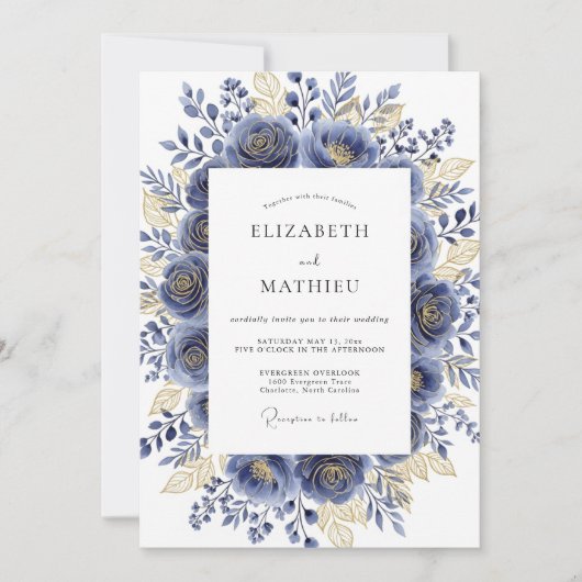 Navy Gilded Bloom Romantic Wedding Kaart (Voorkant)
