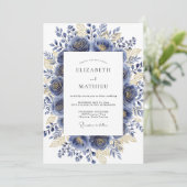 Navy Gilded Bloom Romantic Wedding Kaart (Staand voorkant)