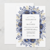 Navy Gilded Bloom Romantic Wedding Kaart (Voorkant / Achterkant)