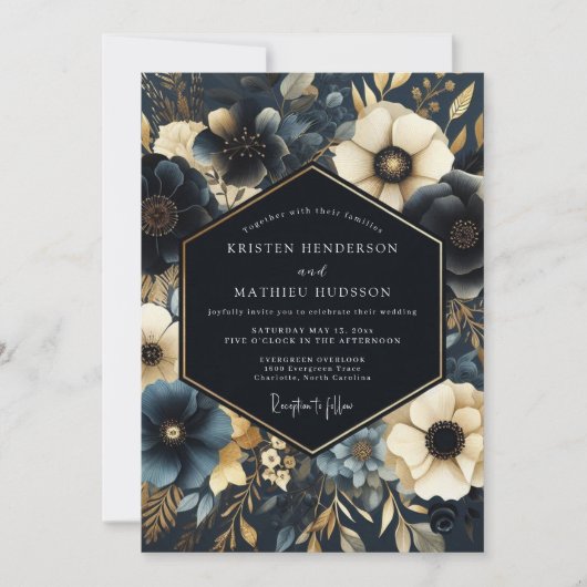 Navy Gilded Floral Wedding Kaart (Voorkant)