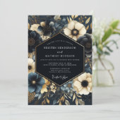 Navy Gilded Floral Wedding Kaart (Staand voorkant)