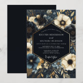Navy Gilded Floral Wedding Kaart (Voorkant / Achterkant)