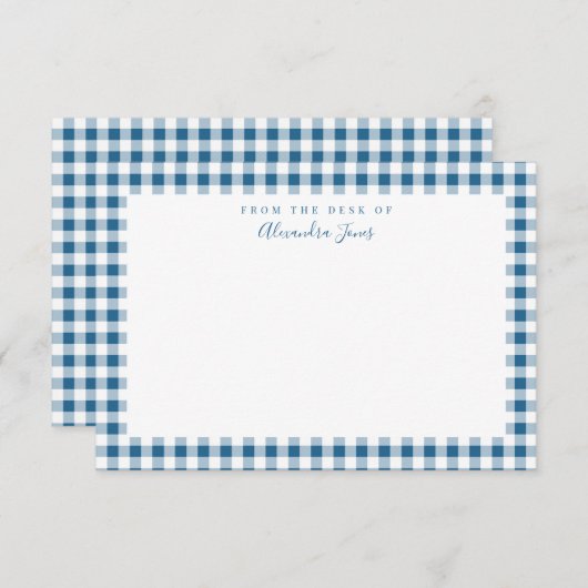 Navy Gingham Check Personal Stationery Note Kaart (Voorkant / Achterkant)