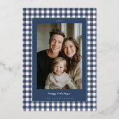 Navy Gingham Foto Folie Feestdagenkaart (Voorkant)