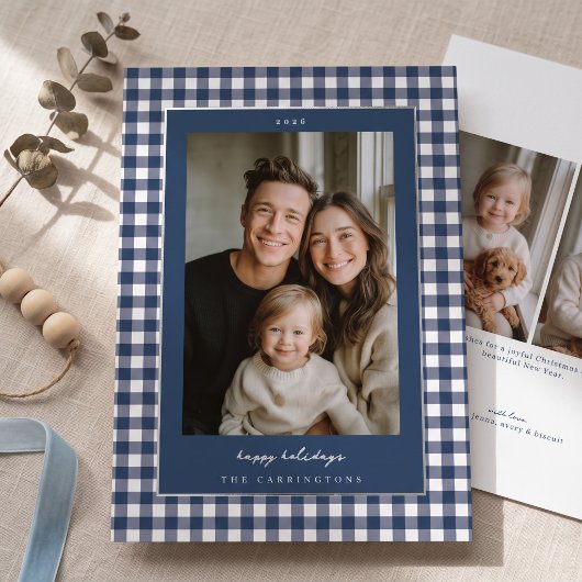 Navy Gingham Foto Folie Feestdagenkaart