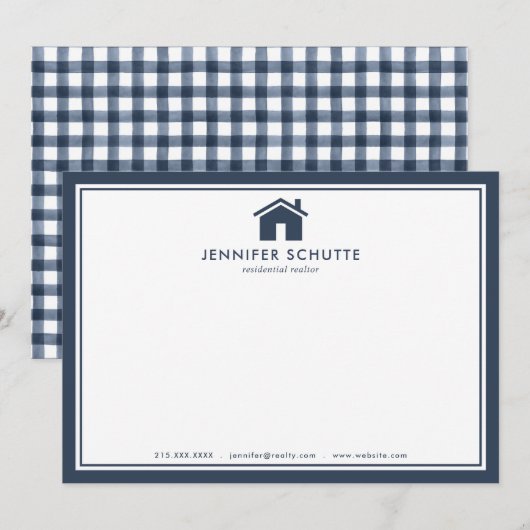 Navy Gingham Personalized Real Estate Agent Flat Notitiekaartje (Voorkant / Achterkant)