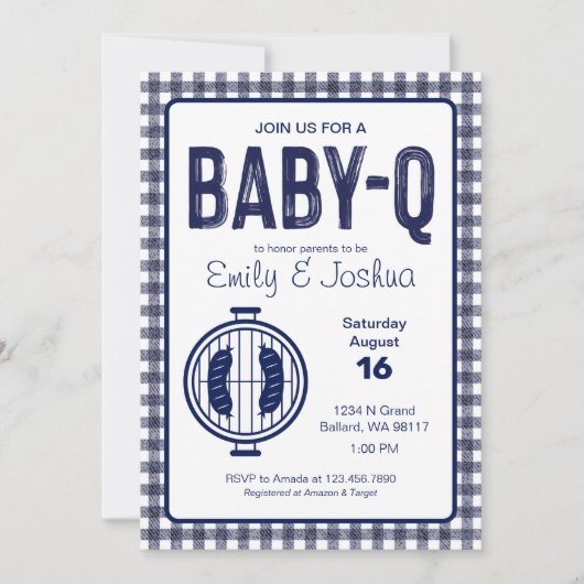 Navy Gingham Plaid Baby shower Invitation Kaart (Voorkant)